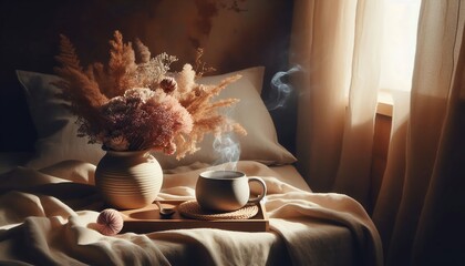Start Your Day Right with Coffee in Bed and Elegant Floral Decor, Enjoying Cozy Morning Moments of Pure Bliss and Relaxation for a Calm Lifestyle
