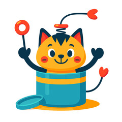 Cute cat toy illustration in flat vector style, bright blue and yellow colors, playful character design
