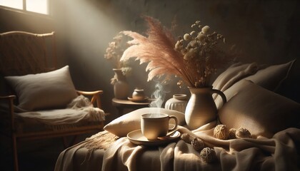 Cozy morning scene with steaming coffee and soft sunlight, perfect for relaxation and mindful living inspiration, warm tones, soft textures, and a tranquil mood