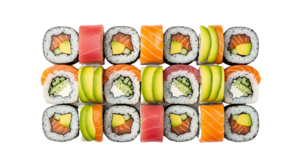 Delectable assortment of fresh sushi rolls featuring vibrant salmon, creamy avocado, and delicate tuna, perfect for culinary inspiration and food service promotion.