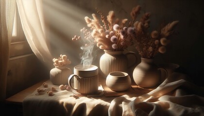 Inviting morning scene with steaming coffee and dried flowers in vases, casting a warm, tranquil glow perfect for cozy home decor inspiration
