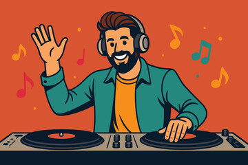 DJ character illustration in flat vector style, vibrant orange colors, music performance scene