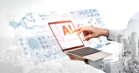 A futuristic AI dashboard for business intelligence. This platform showcases advanced data analytics, processing complex information into visual charts and graphs for strategic insights. Fermion