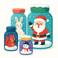 Cute Christmas characters in jars in a festive mood illustrated in bright winter colors on a white background
