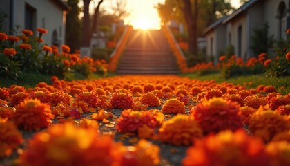 Marigold petals cover ground for Day of the Dead. Orange flowers lead up stairs to sunshine. Tradition honors spirits with vibrant blooms at sunset during festival.