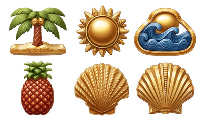 Naklejka premium Tropical Icons Collection with Gold Edged Enamel Illustrations for Design Projects