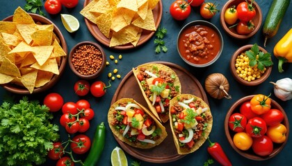Table loaded with Mexican food. Three tacos with meat filling are central. Tortillas chips nachos with salsa dip surround meal. Fresh tomatoes lime cilantro and peppers are ingredients.