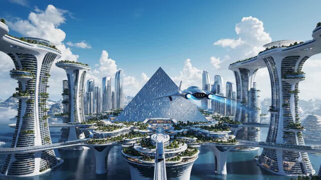 4k, a futuristic city featuring an architectural marvel with a prominent pyramid structure and towering buildings, rendered with smooth textures against a clear blue sky