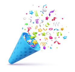 3d birthday party event popper with confetti, ribbons and stars. Firework carnival firecracker. Isolated vector surprise emoji, festive streamer for celebration events, parties or honoring winners