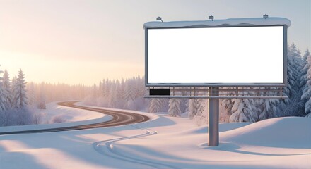Fototapeta premium Billboard in Winter Landscape Mockup with Road Winding through Snowy Forest at Sunset Perfect for Outdoor Advertising Campaigns and Seasonal Promotions and Snow Covered Trees
