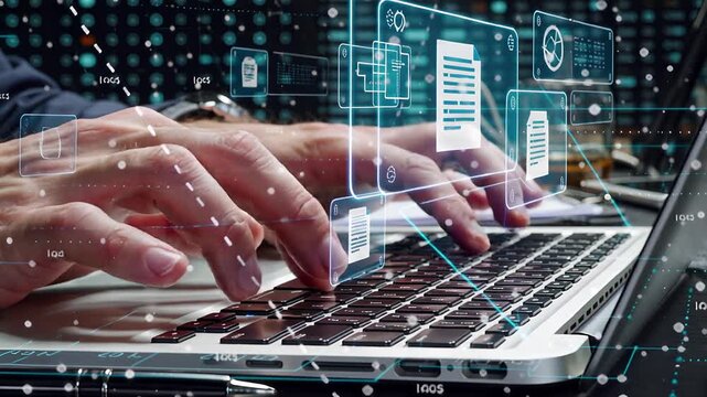 hands typing on laptop with holographic floating document interface | technology, business, work, digital, future theme - Powered by Adobe