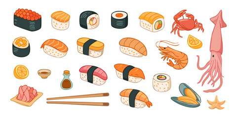 A set of colorful sushi and seafood. A large set of cute icons of Asian cuisine. Nigiri, maki rolls, gunkan, shrimp, squid, crab rice, salmon, tuna, caviar, fish, octopus. Vector illustration.