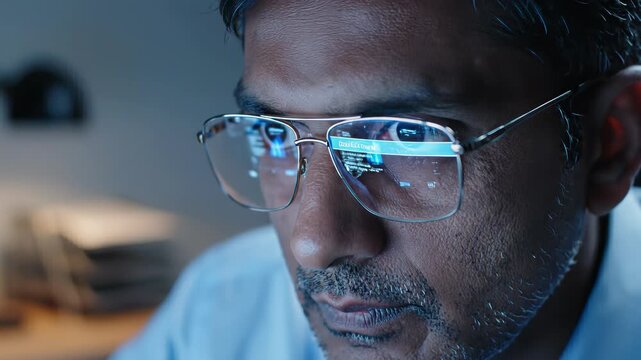 Man intensely focuses on computer screen in close view, capturing concept of dedicated focus and concentration, conveying importance of efficient communication and processing in todays digital.