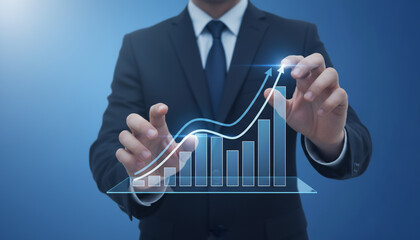 Financial Success, a businessman touching a glowing digital bar chart, visualizing upward progress and growth on a vibrant blue background.