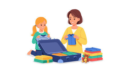 Mother and daughter packing clothes for a trip in a bright family illustration, white background. With a place for the text.
