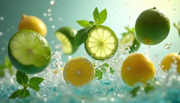 Vibrant image showcases lemons limes splashing water droplets. Citrus fruits and mint leaves float. Concept fresh healthy detox diet or juice. Vitamins for health and wellness drink preparation idea. - Powered by Adobe