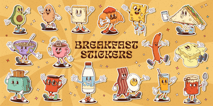 Retro cartoon groovy breakfast characters stickers pack. Vintage psychedelic food and drink personages. Funny groovy breakfast dishes, cheese toast, fried eggs and bacon, coffee, croissant, cereals