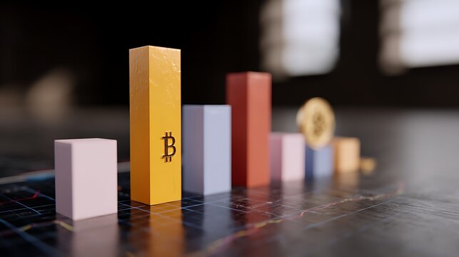 Bitcoin price surge concept featuring dynamic bar graph and coin, symbolizing cryptocurrency market growth and investment potential for finance and technology industries