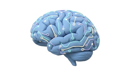 3D cartoon human brain with glowing circuit lines in soft pastel blue tones, symbolizing AI thinking, creativity, and digital intelligence, smooth clay texture, isolated on white background.