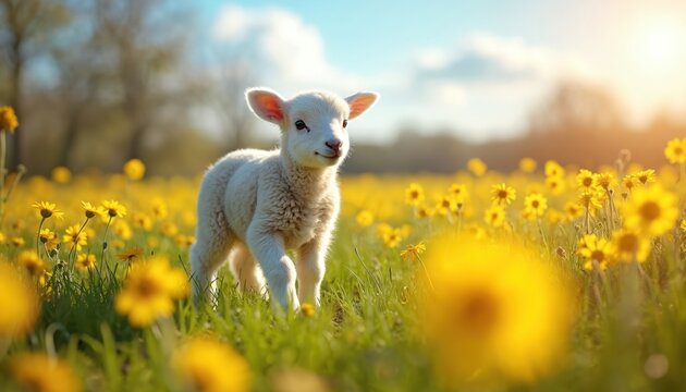Small white lamb walks in field of yellow flowers. Sunny weather creates peaceful spring scene with green grass. Cute animal explores nature on bright day.