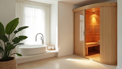 Bright spa interior view features sauna, bath and plant. Modern wellness center design with wooden sauna. Relaxing atmosphere. Bathroom with tub and hot steam sauna for refreshment.
