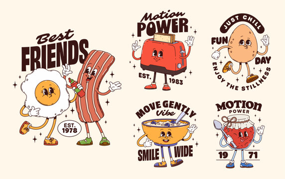 Cheerful breakfast food groovy characters stickers and t shirt prints. Funny cartoon vector egg, bacon, toaster, potato, cereal, jam personages with retro sneakers and positive vintage morning slogans