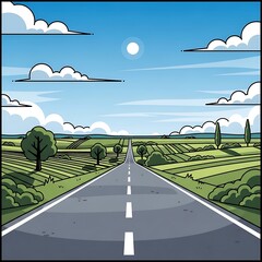 Cartoon landscape illustration of a road through green fields and blue sky