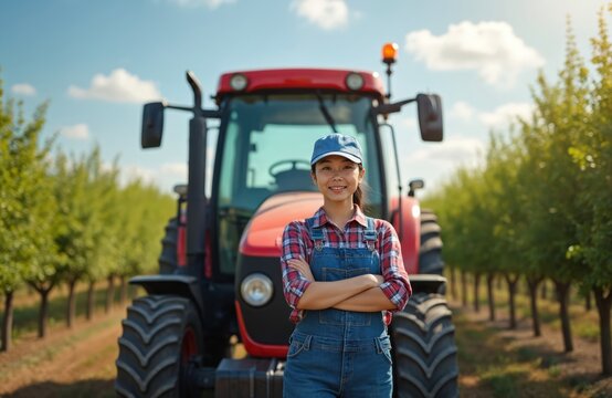 Smiling Asian woman farmer in denim overalls stands with arms crossed in front of a red tractor. She is in an orchard with fruit trees under a bright blue sky.