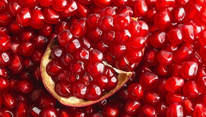 Close-up of vibrant red fruit seeds with a section
