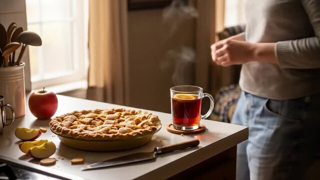Cozy Autumn Scene: Warming Hands with Hot Tea and Freshly Baked Apple Pie in a Rustic Home Setting