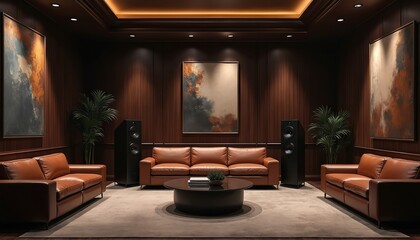 Interior of cozy audio listening room with sofas and audio speakers. Walls decorated with stylish paintings. Luxury living room for music listening and relax at home or studio.