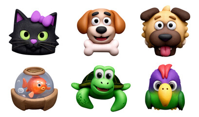 Obraz premium Adorable Cartoon Animal Characters Featuring Cat, Dog, Fish, Turtle, and Parrot