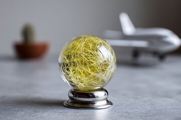 Dreamy crystal ball casting a soft yellow glow, perfect for introspective moments and adding a touch of magic to your space, airplane model in background