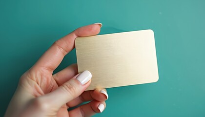 Woman holds golden card in hand. Female presents blank gift certificate on teal background. Client shows discount voucher with space for text or advertising promotion. Stylish manicure nails