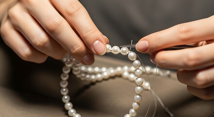 Detailed creation of a lustrous strand of pearls by skilled hands