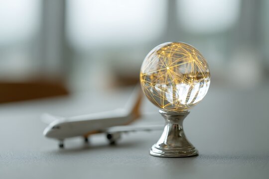 Global connections visualized with a shimmering network globe and toy airplane representing worldwide travel and international business, a modern symbol of innovation