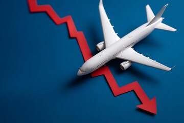 Dramatic airline industry downturn concept with a stark red arrow symbolizing the financial crisis impacting air travel and tourism during an economic recession