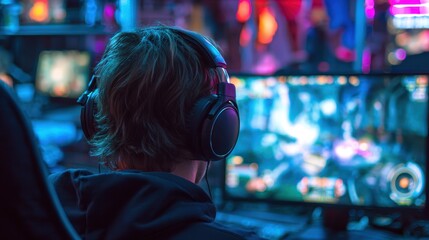 Obraz premium pro gamer man in headphones live streaming while playing online computer game, neon lights, esports, gaming, monitor, play, young, player, internet, enjoyment, cyber,