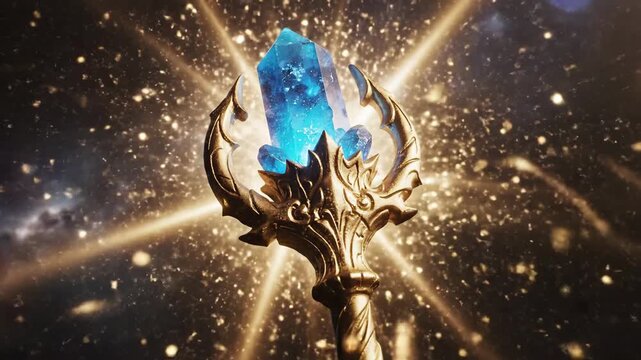 Golden magical scepter with a glowing blue crystal radiating cosmic energy.