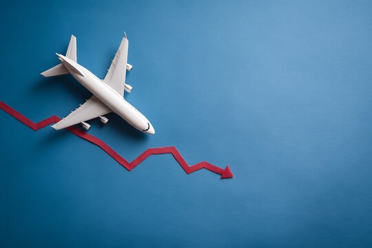 Concerned about airline industry decline? Airplane model with downward trending arrow for travel, business, or financial worry concepts on blue background