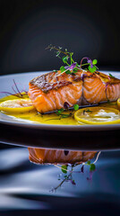 A beautifully plated salmon steak with a golden crust and lemon butter. Elegant minimal presentation highlights gourmet culinary refinement