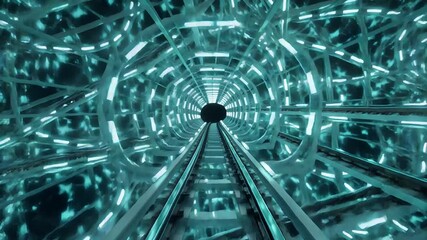 futuristic tunnel ride with vibrant blue neon lights and digital pathway | science fiction, digital art, cyberpunk, virtual reality, abstract theme