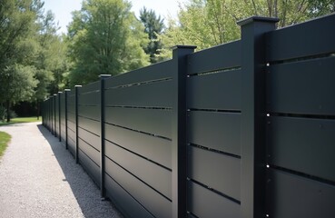 Modern anthracite fence panels with horizontal slats define property boundary. A small wicket gate offers access. Lush green trees form a natural backdrop to this elegant exterior.