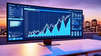 A computer monitor on a rooftop office displays data against a sunset city backdrop - Powered by Adobe