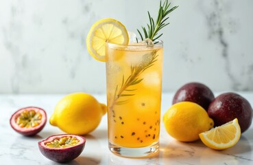 Fototapeta premium Tall glass of passion fruit juice soda with ice and rosemary. Lemon and passion fruits nearby. Cold refreshment beverage. Summer exotic cocktail drink, place for text on light marble background.