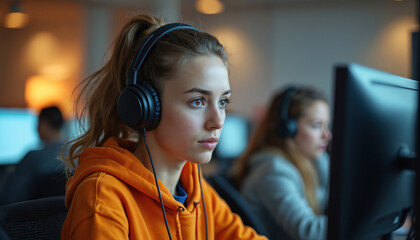 Young woman wears headphones, focused on computer work in modern office. She provides customer support. Other employees work nearby in busy tech workspace, call center or help desk environment.