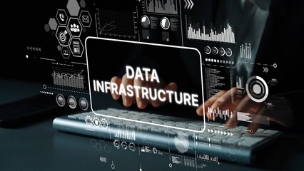Business Professional Engaging with Data Infrastructure in a Modern Digital Environment. Asymptotic smart data analytic.