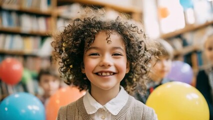 Generative AI. Young girl with curly hair smiles brightly in a library filled with colorful balloons, surrounded by children, capturing the joy of celebration and learning in a vibrant atmosphere - Powered by Adobe