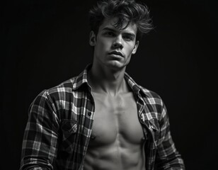 Muscular young man torso, open plaid shirt, messy hair. Handsome male model poses shirtless, looking intensely, dark studio portrait. Confident, masculine, strong physique shown.