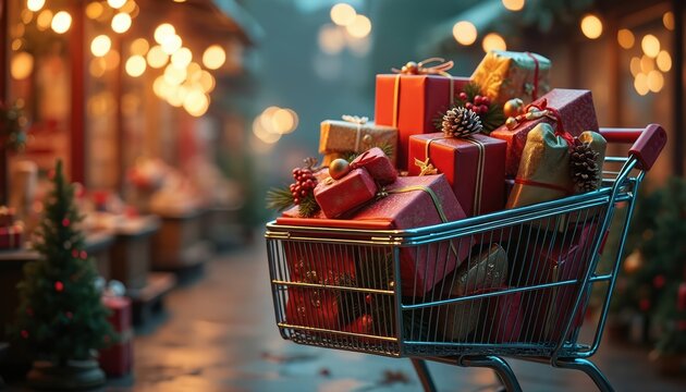 Shopping cart overflows with wrapped gifts at a festive holiday market. Christmas lights twinkle creating a cheerful, cosy atmosphere. People prepare for seasonal celebrations with abundant presents.